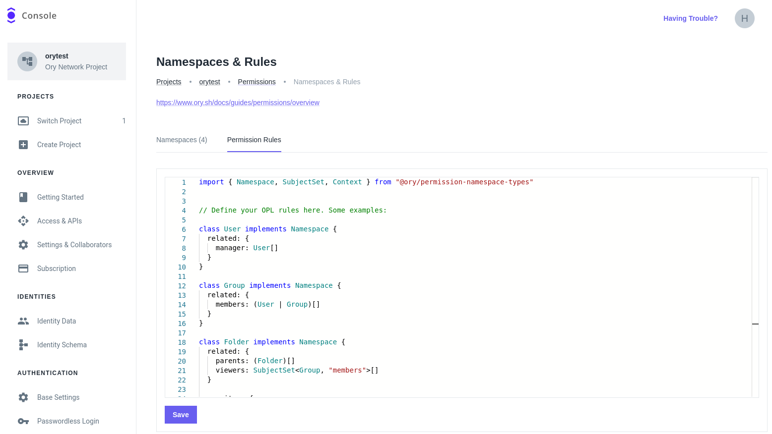 Permission Rules editor in Ory Console